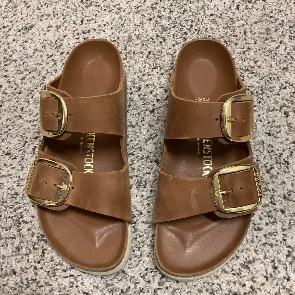 Birkenstock Tan Sandals with Gold Buckles